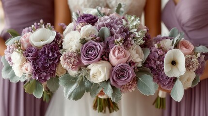 Beautiful floral bouquets in shades of purple held by bridesmaids at a wedding ceremony in a scenic outdoor setting