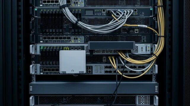 Close up of a connected data server rack with network cables, depicting cybersecurity and information technology infrastructure footage. - Powered by Adobe