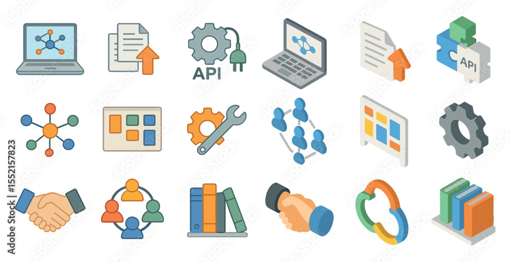 Poster api and technology icons set – isometric, filled, development and integration graphics