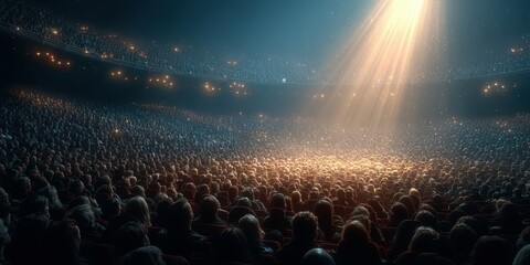 Large audience gathered in a concert hall experiencing a captivating performance under dramatic lighting