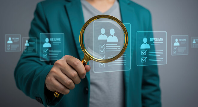Man in blazer holding magnifying glass over digital resumes with checklist icons and profiles