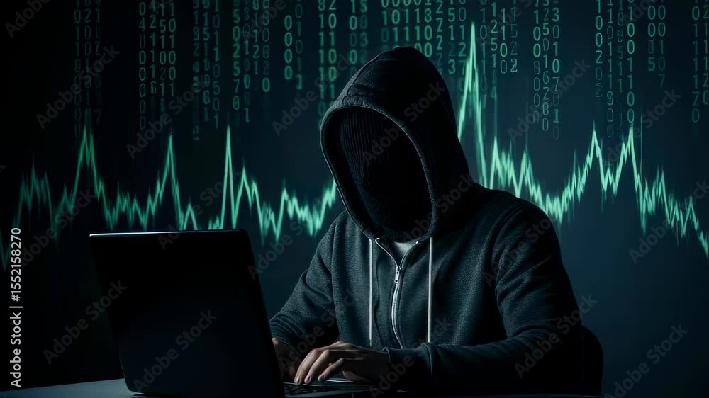 Aufkleber a hooded hacker works on a laptop with crashing financial graphs in the background, depicting data b