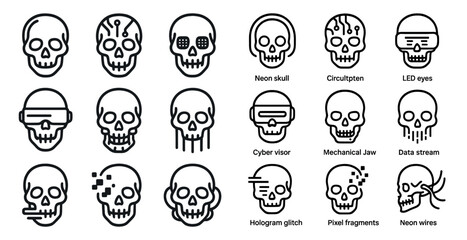 Skull linear icons set &ndash; outline, line, tech and cyberpunk style symbols