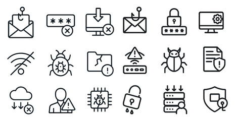 Fototapeta premium Cybersecurity and protection icons set – outline, linear, security symbols