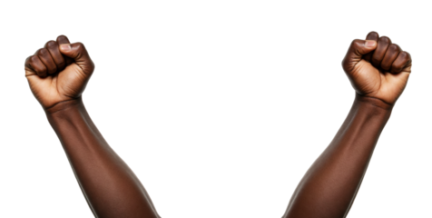 Two Raised Dark Fists: Arms Extending Upward with Clenched Hands Against a White Background, Symbolizing Empowerment and Strength