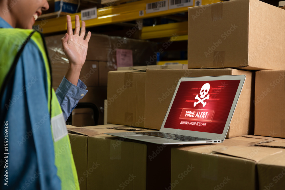 Poster computer with green screen display in warehouse storage room . delivery and transportation software 