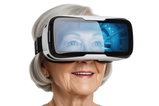 Elderly woman wearing virtual reality headset, smiling with curiosity and delight while exploring immersive digital worlds through futuristic technology experience on transparent background