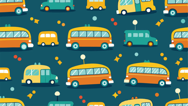 Vector art of a colorful seamless pattern of cute cartoon buses