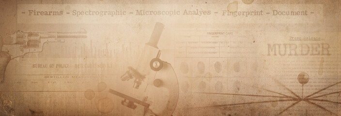 Newspaper clippings of crime news, police fingerprint are placed on a vintage background. Retro background on the theme of crime, police, detective, investigation.