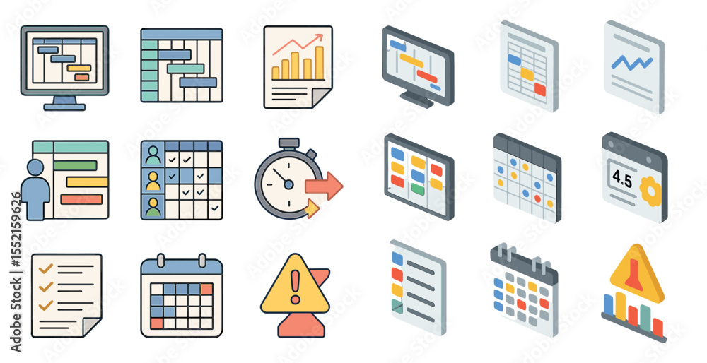 Poster project management outline icons set – linear, planning, workflow design symbols