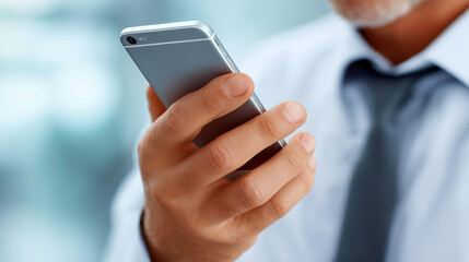Close-up of a businessman holding a smartphone, checking messages or notifications