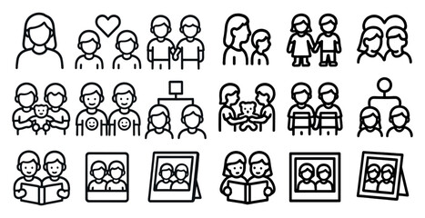 Family and relationship outline icons set – linear, social, connection symbols