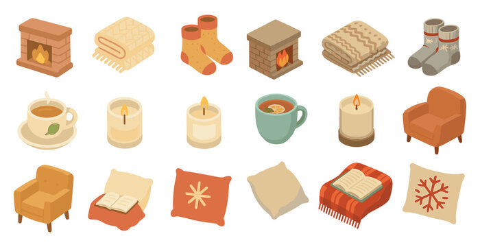 Cozy winter elements icons set – isometric, warm, homely decor symbols