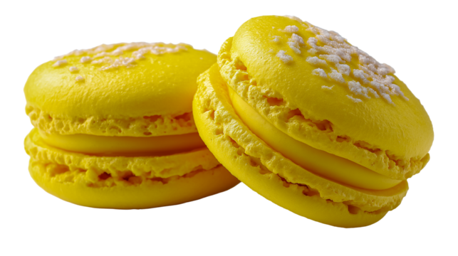 PNG of two yellow macarons with sugar topping on transparent background