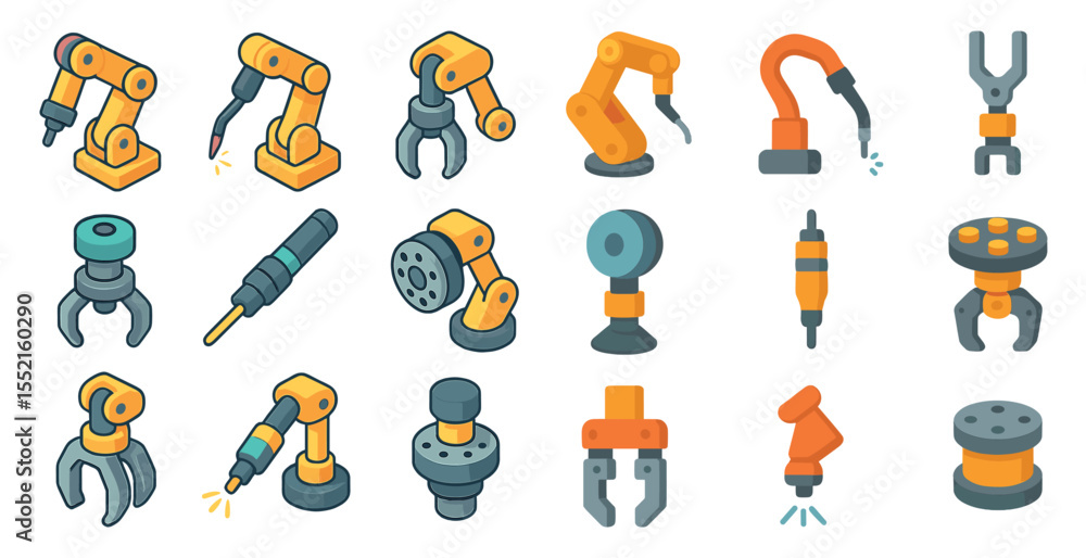 Poster robotics and automation icons set – flat, filled, machine and technology symbols