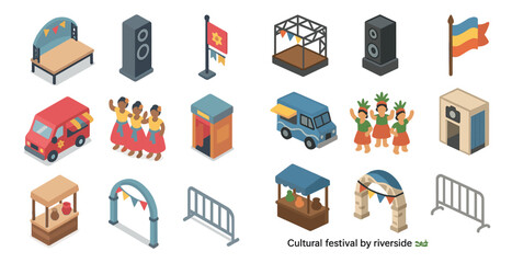 Cultural festival isometric icons set – flat, event celebration, festive symbols