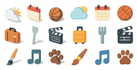 Travel and leisure isometric icons set – 3d, vacation, holiday symbols