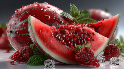 Isolated summer red watermelon slice vector icon. 3d realistic water melon drawing illustration design. Juicy and bright pink texture of tropical food. Sweet and ripe vitamin berry harvest graphic set