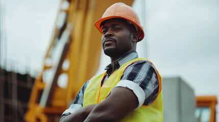 Confident African male construction or mining worker, yellow safety helmet and work shirt, standing folded arms in front of a large yellow dump truck. Mining or construction site. professionalism and 