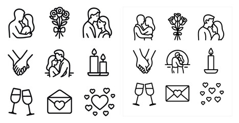 Romance and love outline icons set – linear, silhouette, affection symbols