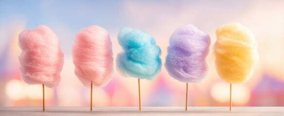 The colorful display of cotton candy at a festive summer fair.