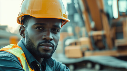Confident African male construction or mining worker, yellow safety helmet and work shirt, standing folded arms in front of a large yellow dump truck. Mining or construction site. professionalism and 