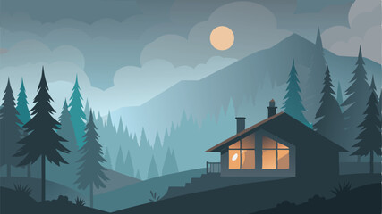 Vector art of a cabin glows warmly in the moonlight, nestled among tall pines on a mountainside