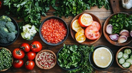 Fresh vegetables and fruits arranged on a wooden surface.