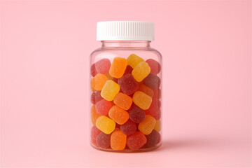 Transparent plastic jar filled with colorful gummy vitamins on a pastel pink background. Dietary supplement concept