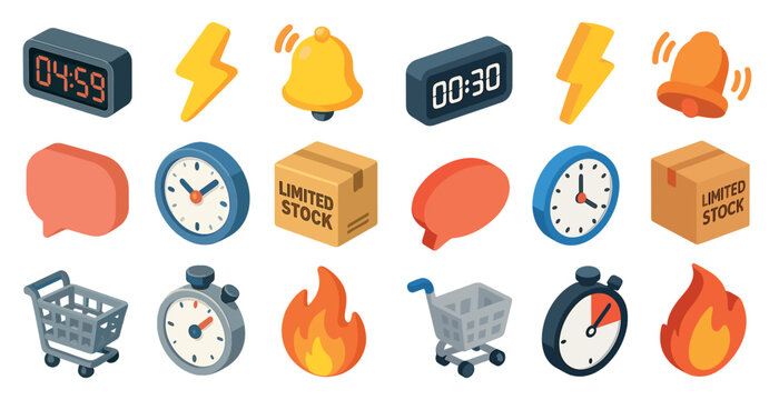 E-commerce and shopping isometric icons set – 3d, retail, marketing symbols