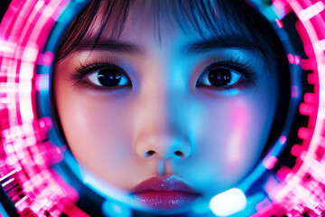 Futuristic portrait of an Asian woman surrounded by glowing neon rings. Tech beauty and sci-fi aesthetic