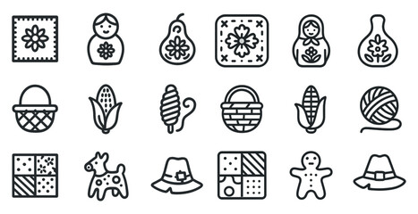 Folk art outline icons set – traditional, heritage, cultural symbols for crafts