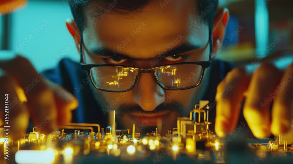 Fototapete close-up of an engineer's hands working on a circuit board, with glasses and a focused expression