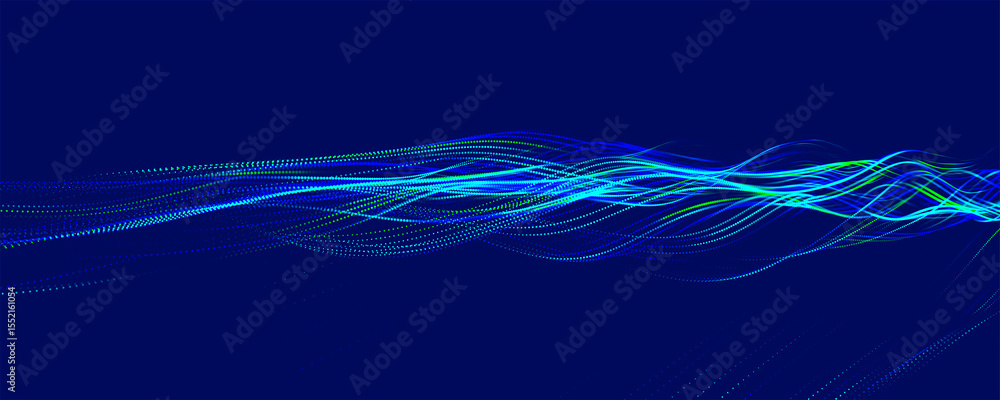 Poster multicolored wave of glowing dots. futuristic dot wave of bright particles, on dark background. inte