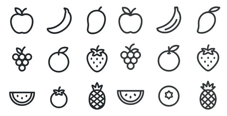 Fruit and food outline icons set &ndash; linear, vector, healthy diet symbols