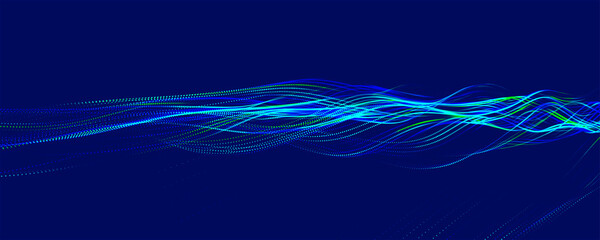 Multicolored wave of glowing dots. Futuristic dot wave of bright particles, on dark background. Interweaving effect. Futuristic background for presentation design. 3d rendering.