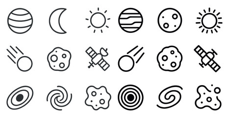 Space and astronomy icons set &ndash; outline, linear, cosmic and celestial symbols