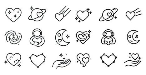 Space and heart line icons set – outline, linear, love and celestial symbols