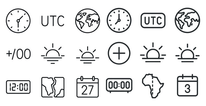 Time zone and world outline icons set &ndash; clock, global, international symbols