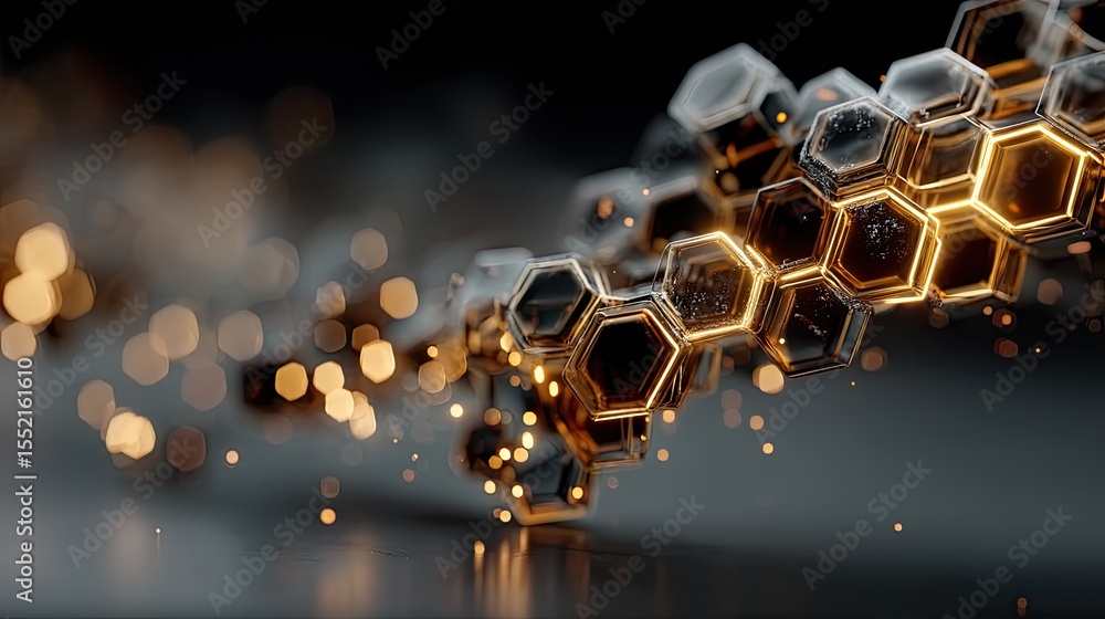 Poster glowing golden hexagonal particles in dark abstract background