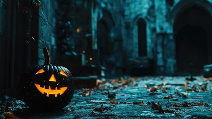 A jack-o-lantern sits at the entrance of a church, surrounded by autumn leaves and darkness - Powered by Adobe