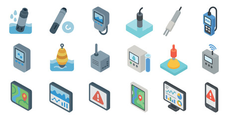 Water quality monitoring isometric icons set &ndash; flat, sensors, analysis symbols