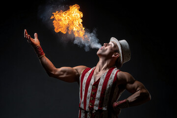 A circus performer breathing fire