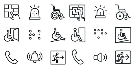 Naklejka premium Accessibility and safety icons set – outline, linear, emergency and assistive designs