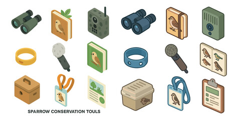 Wildlife conservation isometric icons set &ndash; nature, ecology, preservation tools