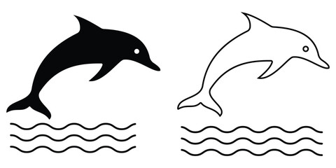 Dolphin icon, vector set. Silhouette of Dolphin icon symbol with outline. Fish icon, vector. Vector illustration.	