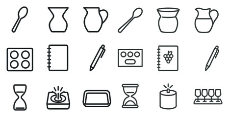 Home and kitchen outline icons set – linear, kitchenware, utensils symbols collection