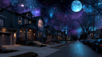 Street in suburb district with residential houses at night. Vector cartoon landscape with suburban cottages, moon and stars in dark sky. City neighborhood with real estate property