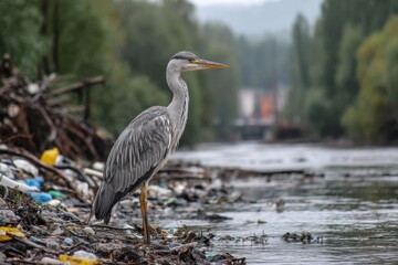 Obraz premium A heron stands calmly by a river, observing its surroundings littered with debris, under a gray overcast sky