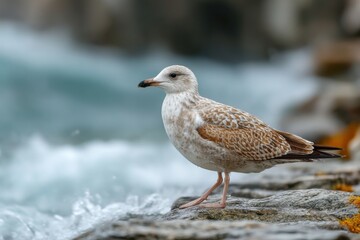 Obraz premium Seagull observes the shoreline while waves gently lap against the rocks during a tranquil sunset by the ocean